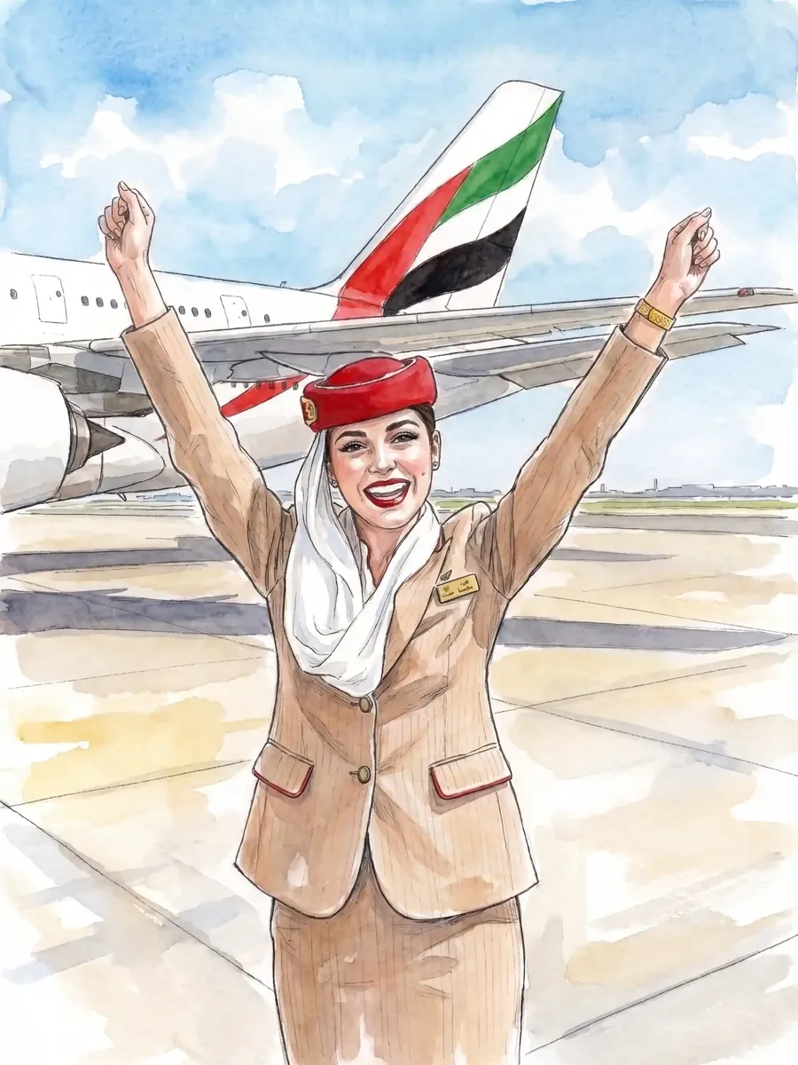 Sketch of a cabin crew member celebrating on the tarmac with arms raised