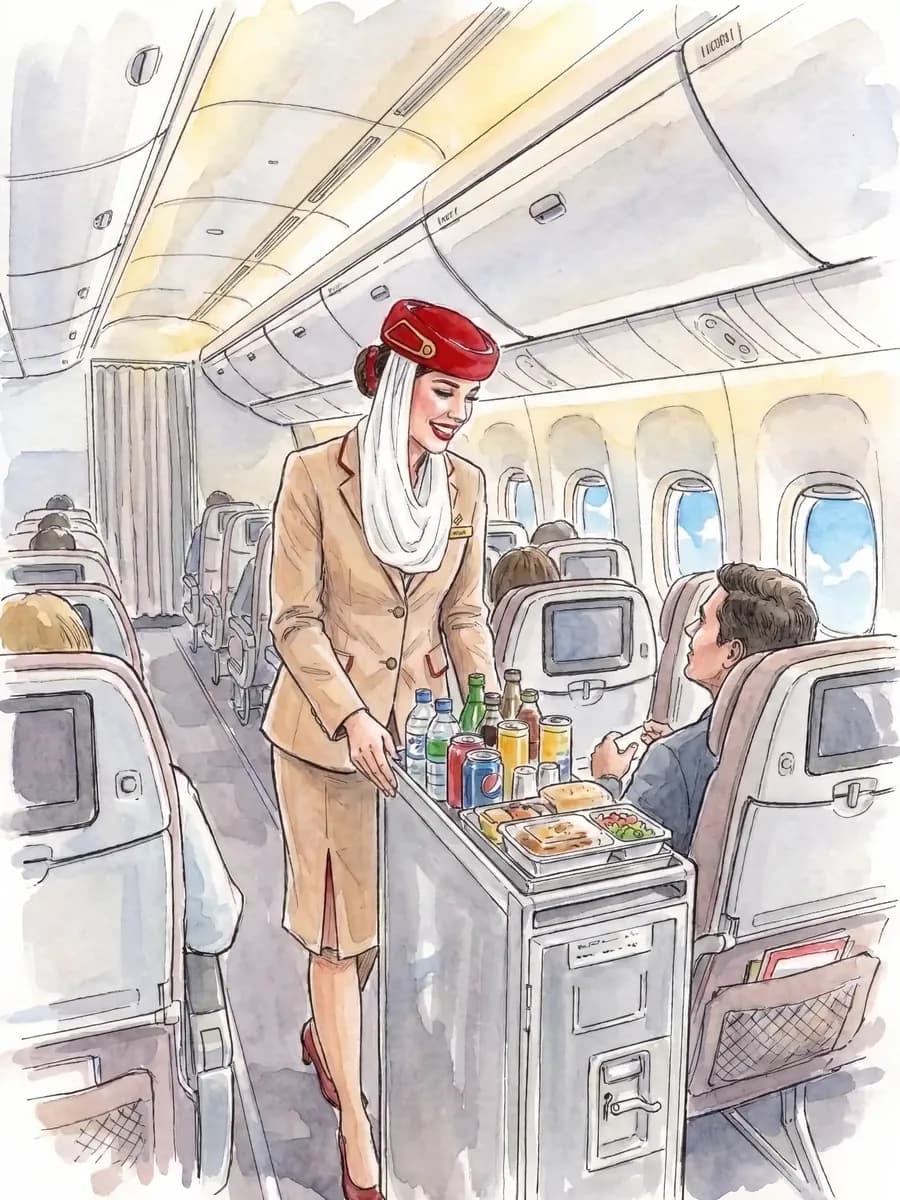 Sketch of a cabin crew member serving drinks from the cabin trolley