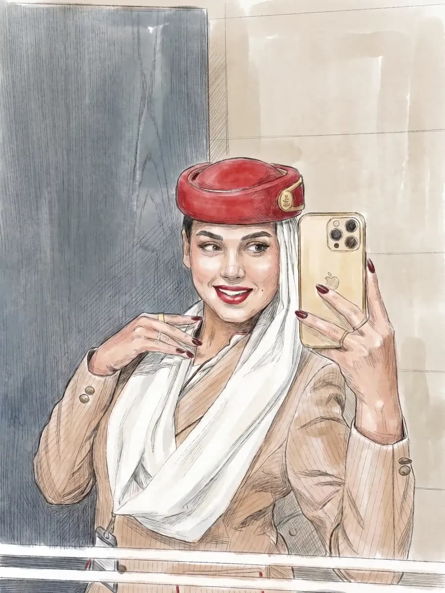 Sketch of a cabin crew member taking a mirror selfie in uniform