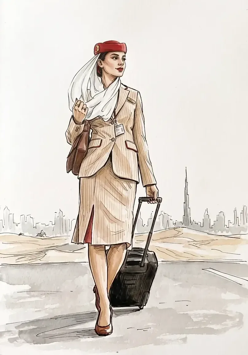Sketch of a cabin crew member walking with a suitcase against a city skyline