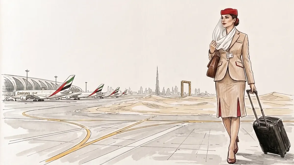 Sketch of a cabin crew member walking across the tarmac with a rolling suitcase
